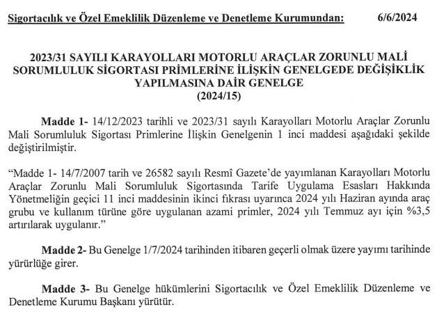 Trafik Sigortasında Temmuz Ayı Azami Prim Artış Oranı Yüzde 3,50 Olarak Belirlendi